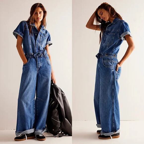 Free People We The Free Edison Wide Leg Coverall Cape Blue - Picture 1 of 9